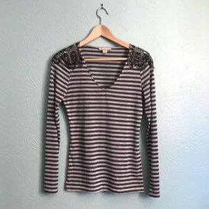 Forever 21 Grey Striped V-Neck with Beaded Shoulder Appliqués size M